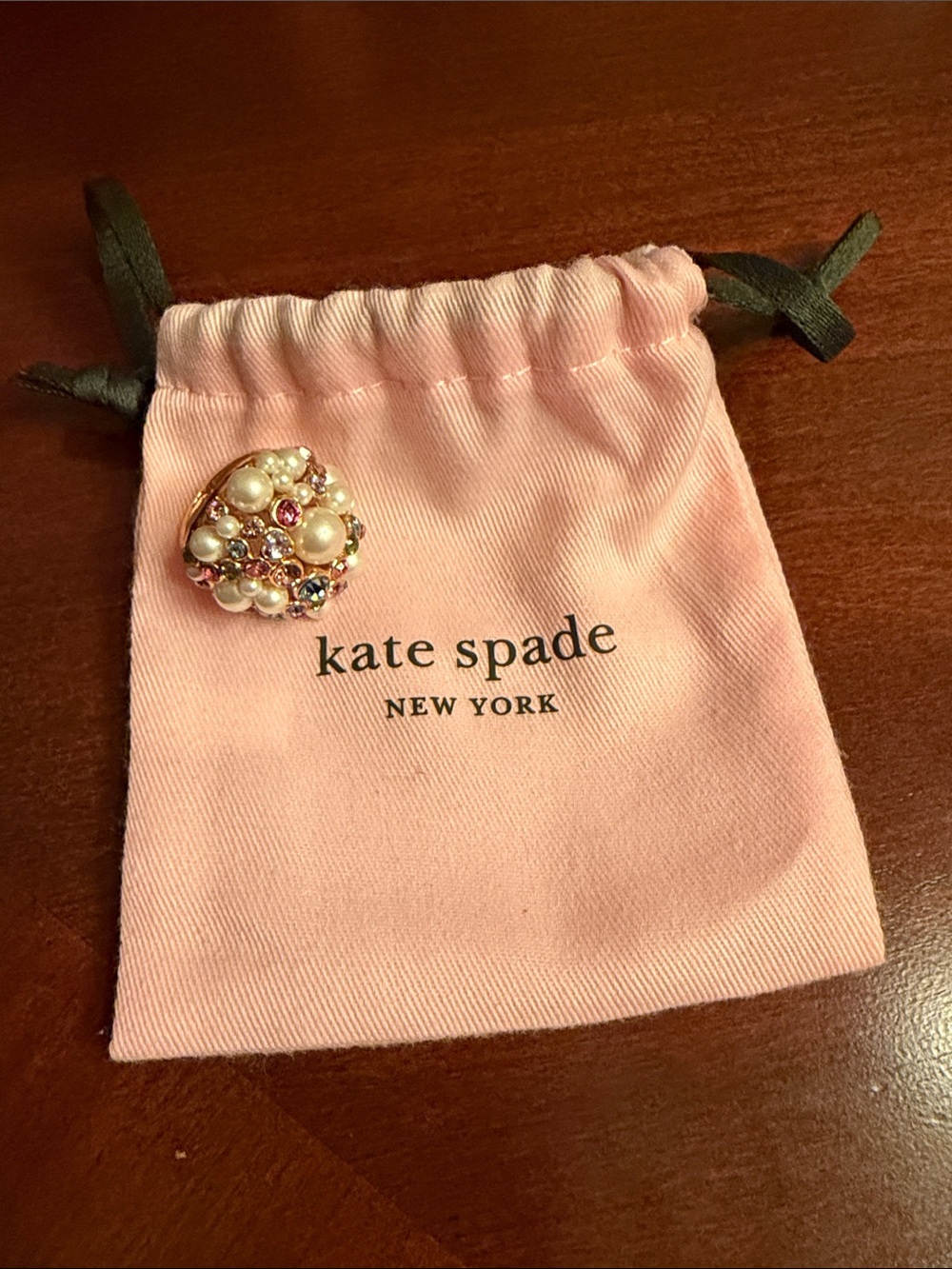 kate spade gold-tone pearl and multicolor crystal cluster brooch with pink pouch